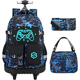 Scothen Cool Luminous Rolling Backpack for Boys with Lunch Bag Pencil Pouch | 3Pcs Waterproof Boys Roller School Bag for Kindergarten Elementary Middle School, Kids Backpack Bookbag with Wheels