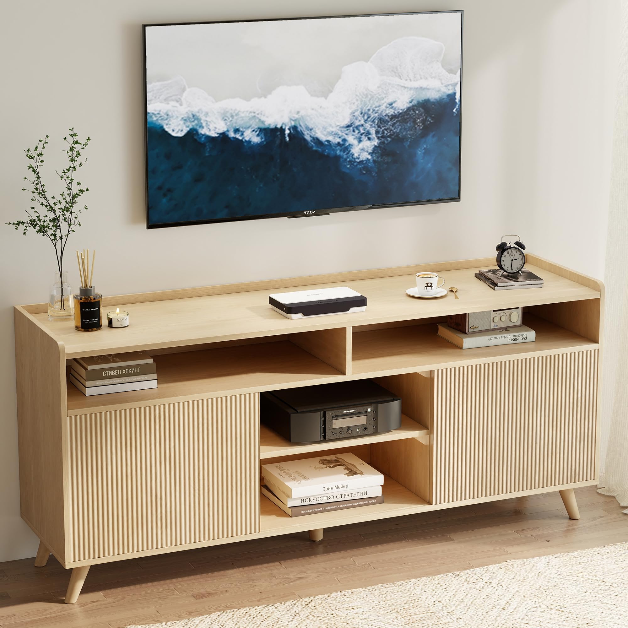 Photo 1 of 55'' TV Stand for 65 Inch, Fluted Modern TV Stands for Living Room with Sliding Doors and Adjustable Shelf, Entertainment Center with Storage Media TV Console Table for Bedroom (Natural Oak)