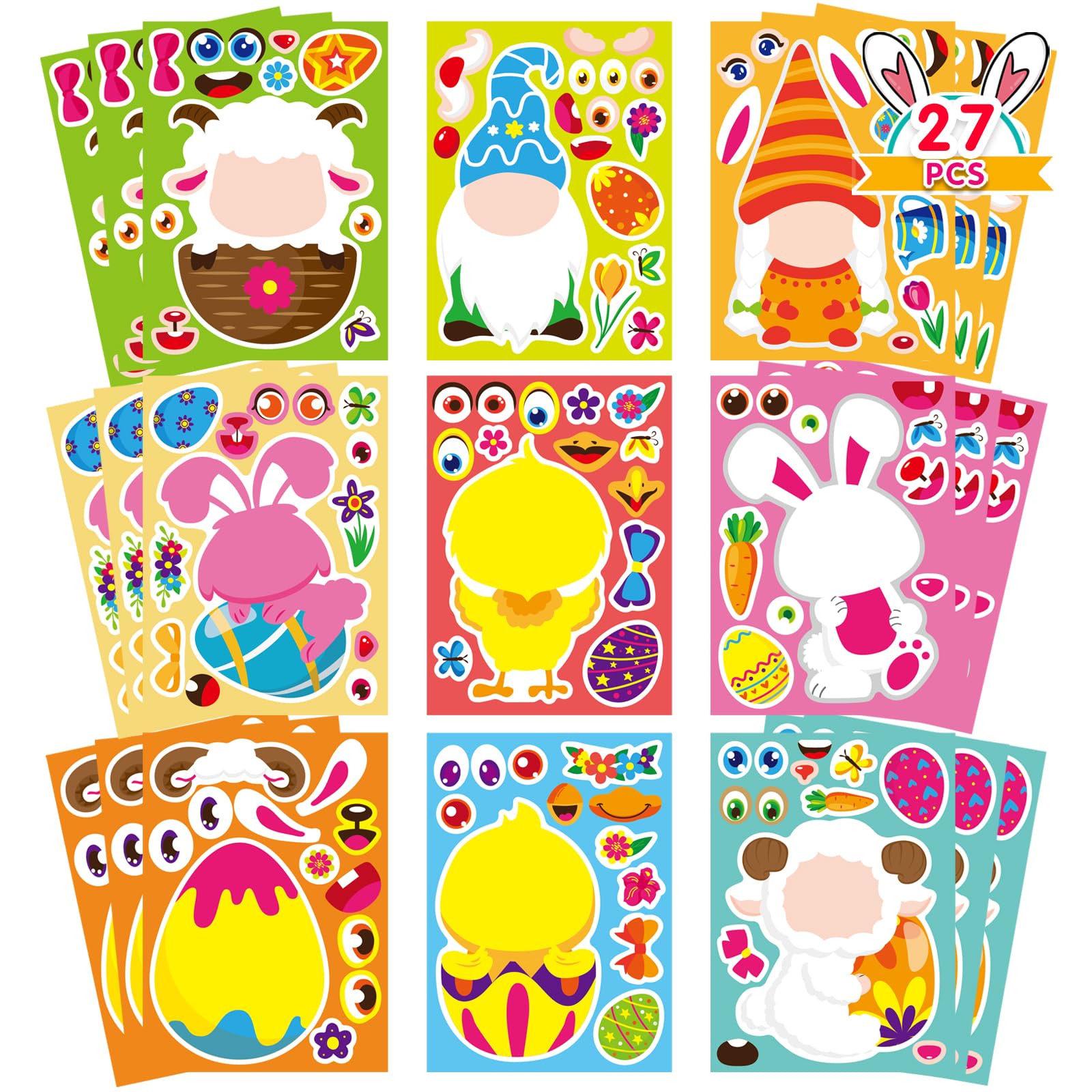 27 Sheets Easter Stickers Easter Gifts for Kids Toddlers Make Own Face Gnome Bunny Sheep Rabbit Colored Egg Chicks School Game Activities Party Favor Supplies