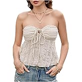GORGLITTER Women's Lace Tie Front Strapless Babydoll Tops Y2k Backless Crochet Bandeau Tube Top