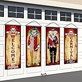 Panelee 4 Pcs Vintage Halloween Carnival Decorations Evil Circus Carnival Porch Banner Creepy Clown Porch Sign Backdrop Halloween Garage Door Decoration for Indoor Outdoor Wall Hanging Decor