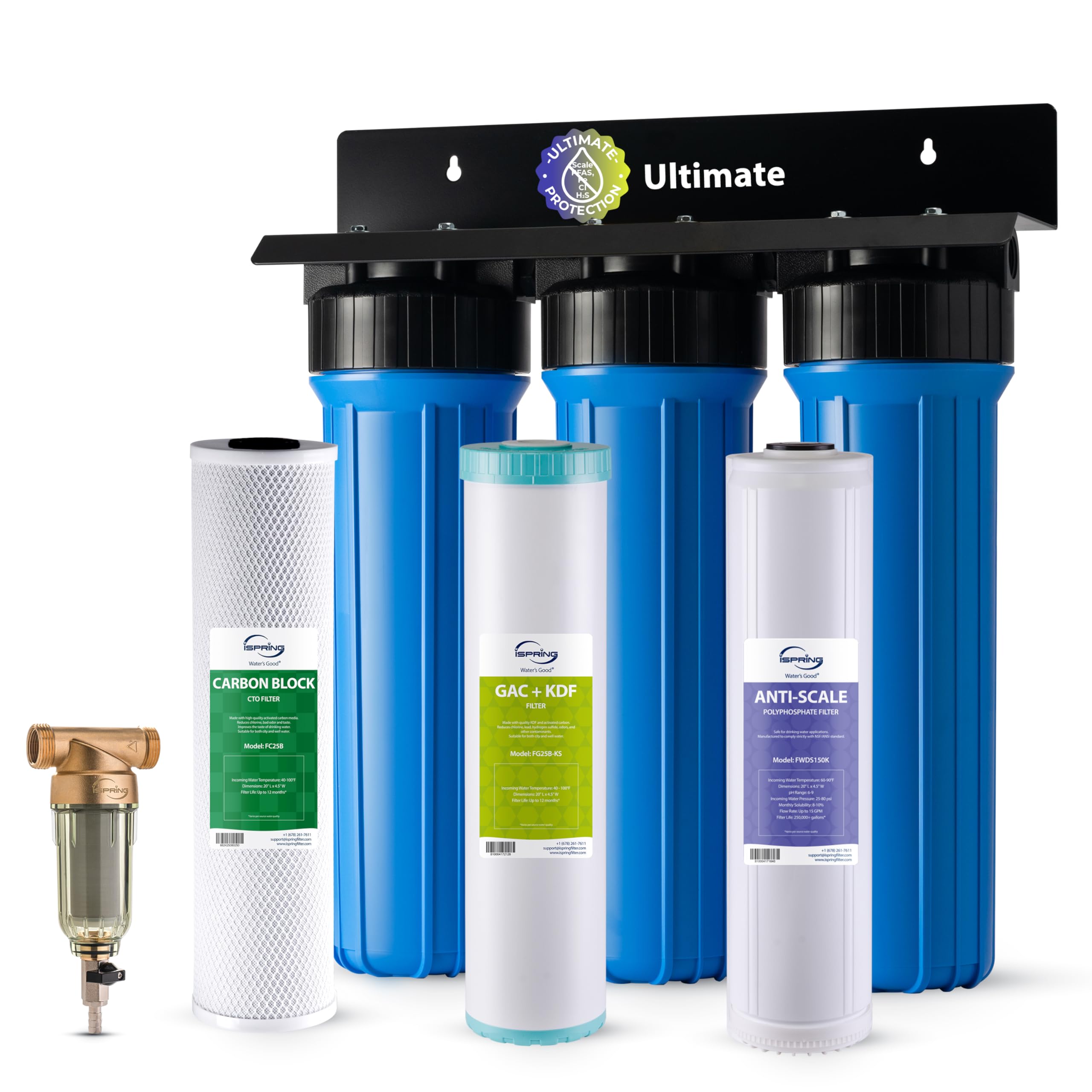 Photo 1 of *** INCOMPLETE, SEE PHOTOS ***iSpring Whole House Water Filter System w/Spin Down Sediment Filter, Polyphosphate Anti-Scale, GAC+KDF, and Carbon Block Water Filters, Water Descaler and Water Filter, Model: WGB32B-KDS+WSP50