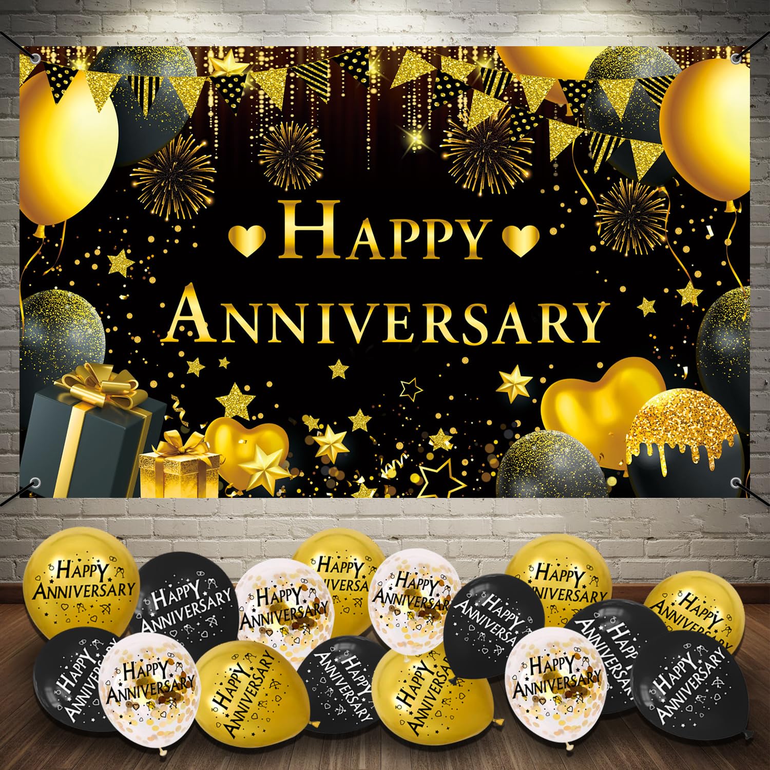 Photo 1 of Happy Anniversary Decorations Kit - 5.9x3.6Ft Banner & 18PCS Balloons, Black & Gold Backdrop for Wedding, Party Supplies - Men & Women