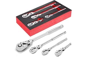 UYECOVE 1/2 3/8 1/4 Inch Drive Ratchet Set, 4Pcs Flex Head Ratchet Set, 72 Tooth Quick Release Flexible Swivel Head Socket Ra
