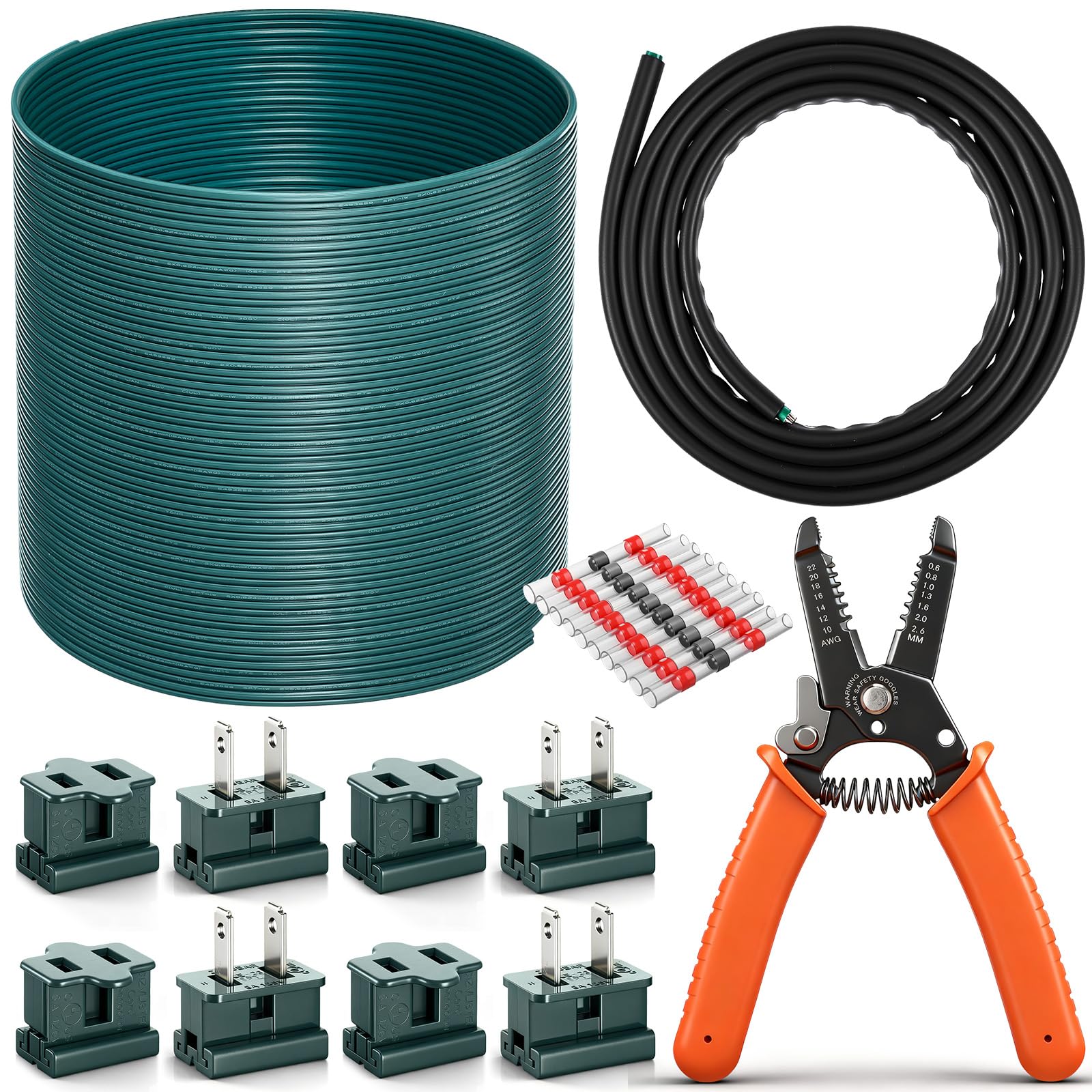 Photo 1 of 18/2 SPT-1 Electrical Wire Kit - 18/2 Landscape Lighting Wire with Strippers Plugs, Heat Shrink Terminals, Heat Shrink Tubing for Camp Holiday Lamp Extension Cable, Outdoor(Green,200 ft)