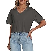 PRIMODA Women's Oversized Crop Tops Boxy V Neck Short Sleeve Cropped T Shirts Loose Summer Workout Crop Tee Tops