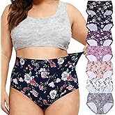 Feihtl Womens Underwear XL-5XL Plus Size Ladies Panties Mid High Waist Briefs Rose Floral Pantys 7-Pack