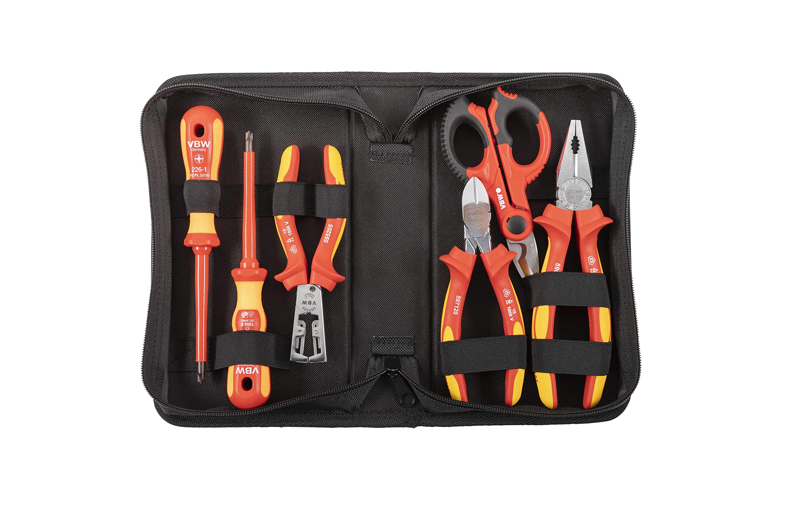 VBW 860020 Professional Electricians Set (6 Pieces, Screwdriver, Wire Stripper Pliers, Side Cutter, Electricians Shears, Combination Pliers), Black/Red/Silver