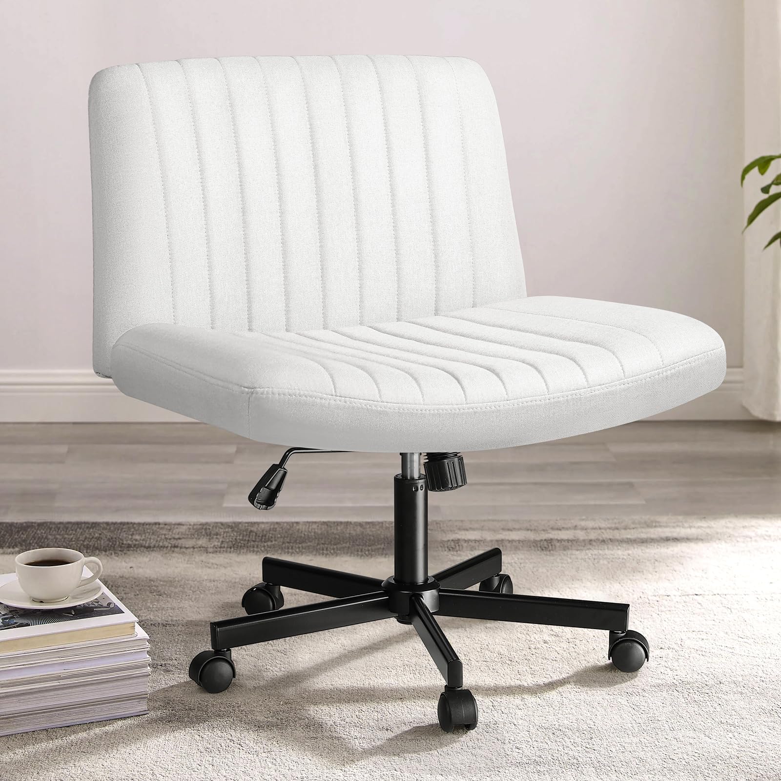PUKAMI Criss Cross Chair,Comfy Cross Legged Office Desk Chair No Wheels,Modern Fabric Swivel Adjustable Height Mid Back Wide Seat for Home Office Computer (White with Wheels)