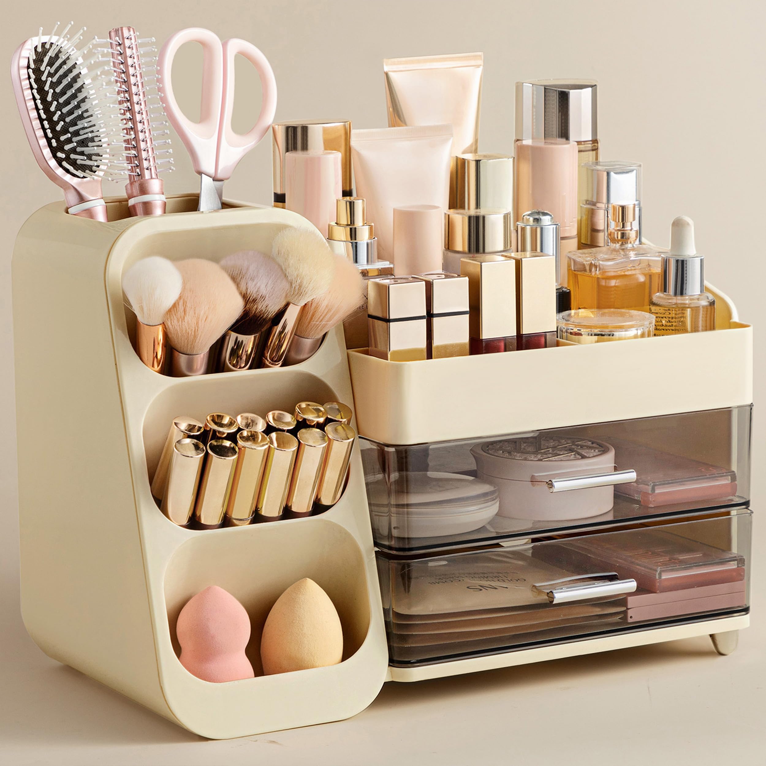 Photo 1 of HBlife Makeup Organizer with Brush Holder for Vanity, Large Plastic Bathroom Countertop Organizer Skin Care Storage, Easy to Store Lipsticks, Nail Polishes, Perfumes, Eyeshadow Palettes, Beige