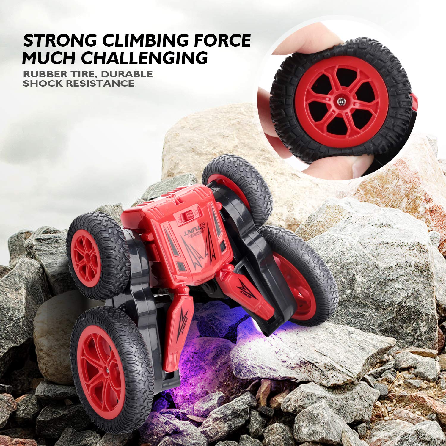 Peradix RC Stunt Car Remote Control Racing Car toy 4WD Double Sided 360 Degree Spins and Flips with LED Lights Cars Toys for boys Children /Kids(Black-Red Stunt car)