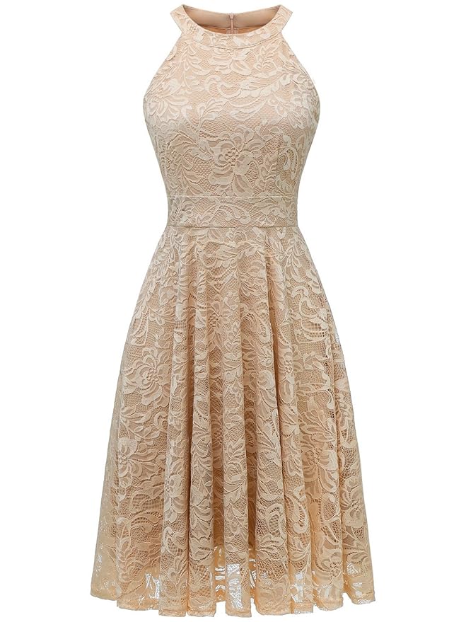 IVNIS Damen Neckholder Floral Spitze Brautjungfern Partykleid Ärmellos Cocktail Kleid