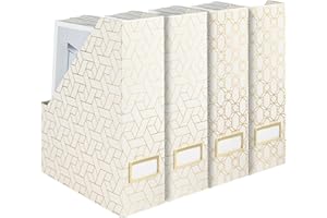 BLU MONACO Decorative Foldable Magazine Storage Boxes for Desk - Set of 4 Gold Magazine Holders with Cream Woven Design – Vintage Magazine File Organizer – Book Bins & Office Décor Storage Solution