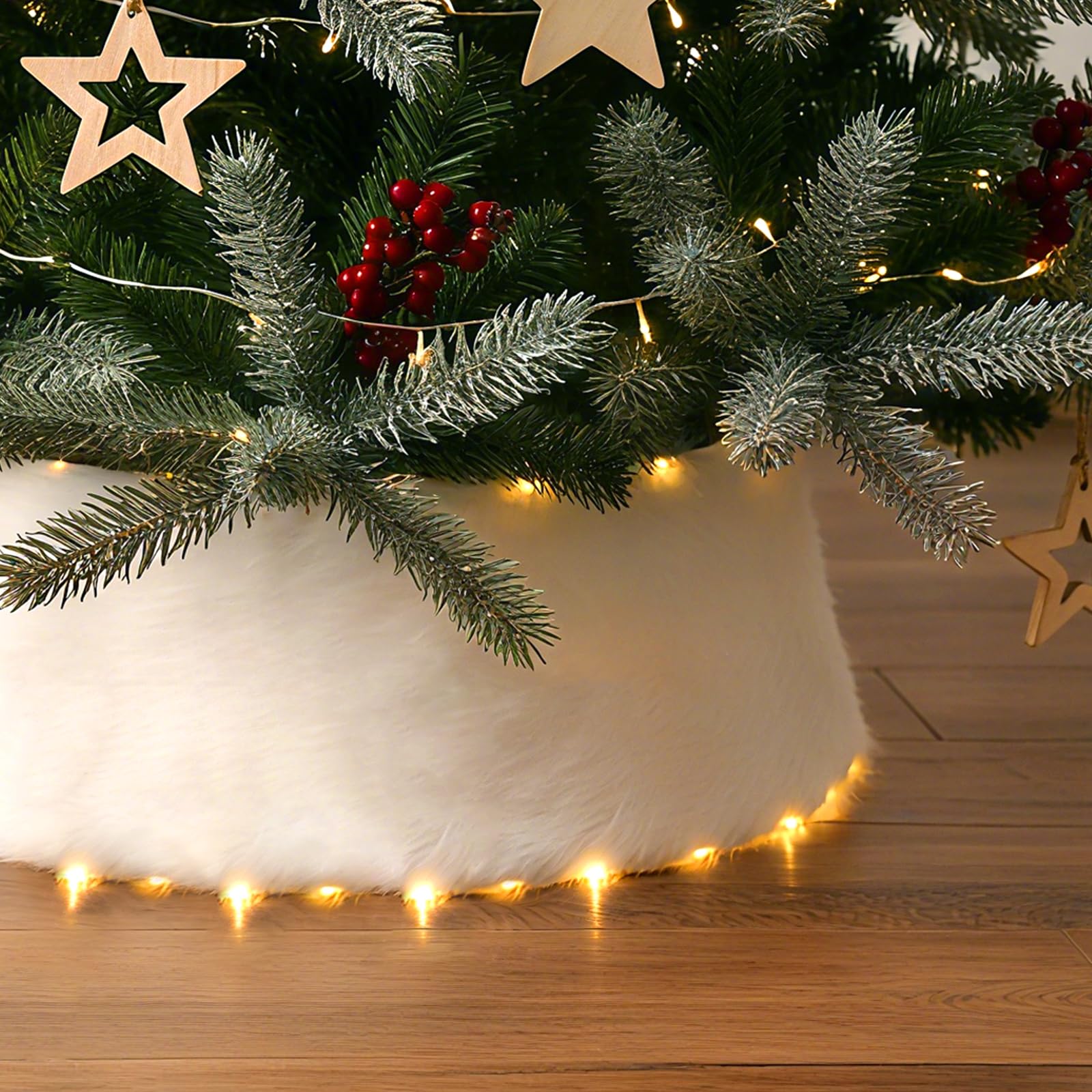 Photo 1 of 28 Inch White Christmas Tree Collar with Lights, Tree Collars for Artificial Trees Adjustable Skirt, Xmas Trees Collar with Soft Faux Fur for Holiday Decorations Indoor Home Decor