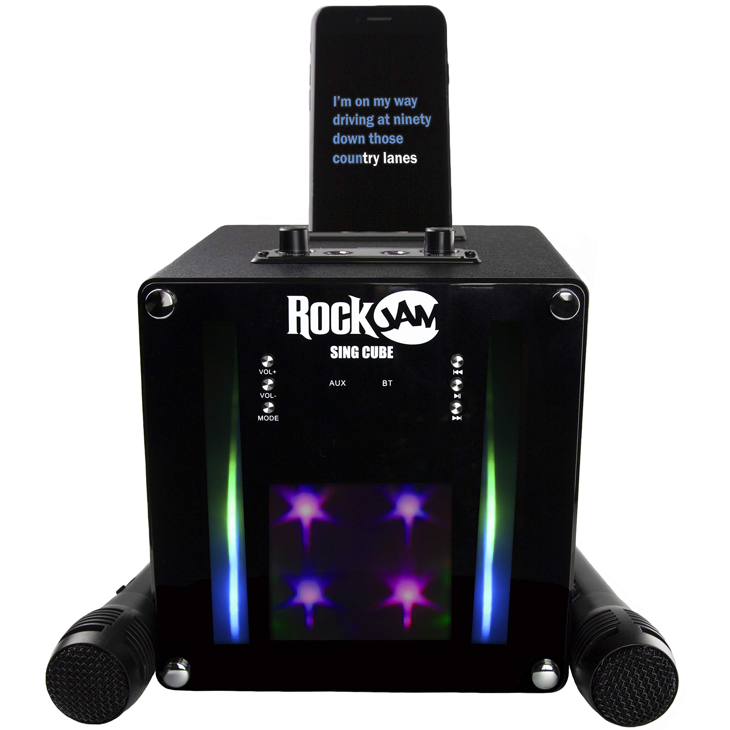 Rockjam Machine De Karaoké Bluetooth Singcube 5 Watts Avec Deux Microphones, Effets De Changement De Voix Et Lumières Led, Noire
