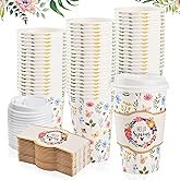 Datyiiha 48 Set Spring Floral Disposable Coffee Cups with Lids and Sleeves 16 oz Hello Spring To Go Paper Cups Beverage Drinking Cups for Spring Wedding Easter Party Office Travel Business Supplies