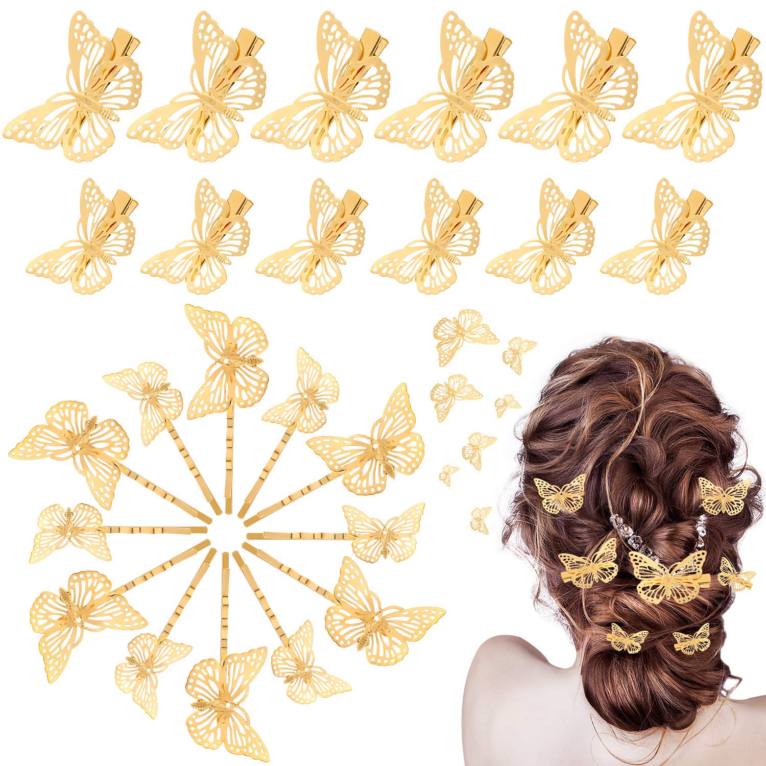 Photo 1 of 24 Pieces Halloween Butterfly Hair Clips Metal Butterfly Hair Clamps Metallic Hollow Butterfly Hairpins Clips Hair Accessories for Women Girls Weddings Bride, 2 Styles and 2 Sizes (Gold)