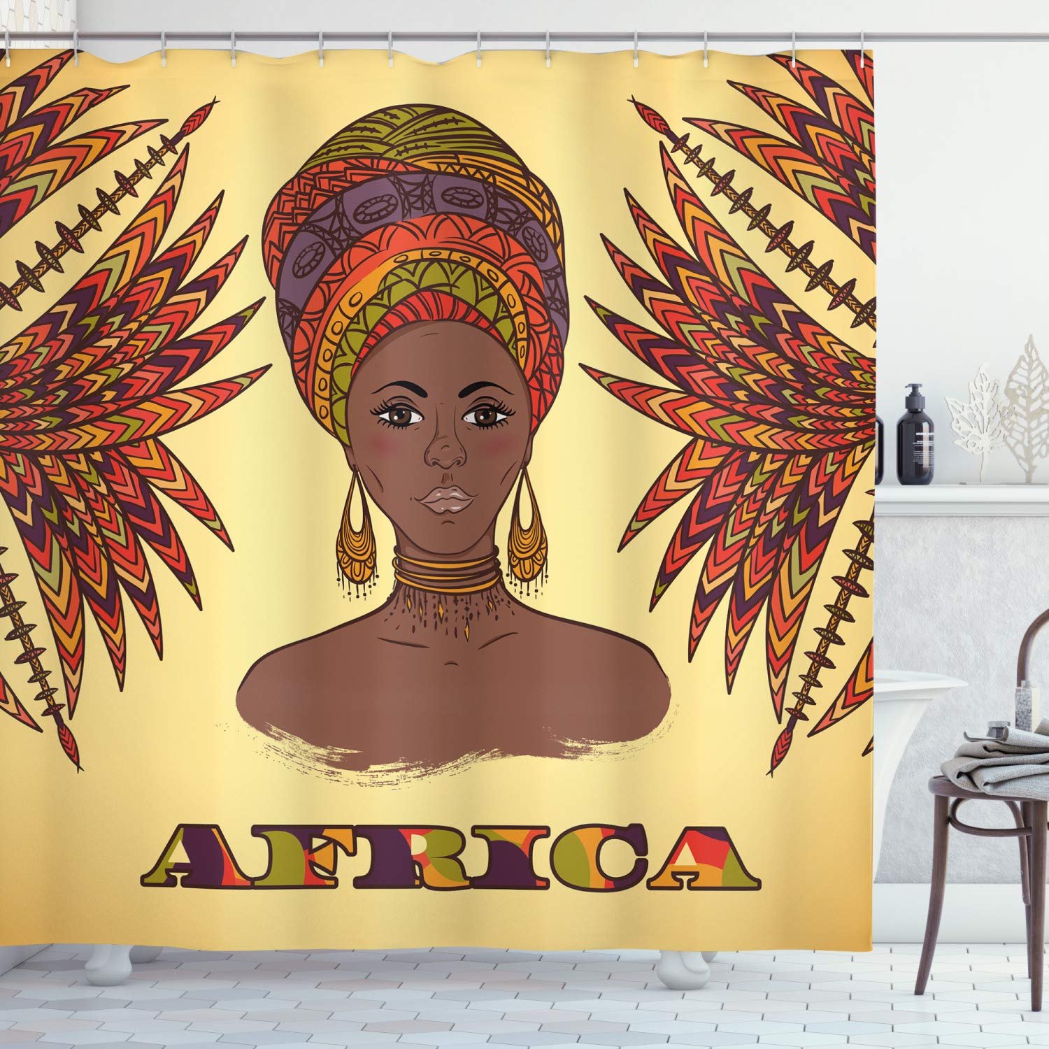 ABAKUHAUS African Shower Curtain, Woman in Traditional Turban and Palms Cultural Folk Graphic Art, Cloth Fabric Bathroom Decor Set with Hooks, 78" Inches, Light Orange Brown