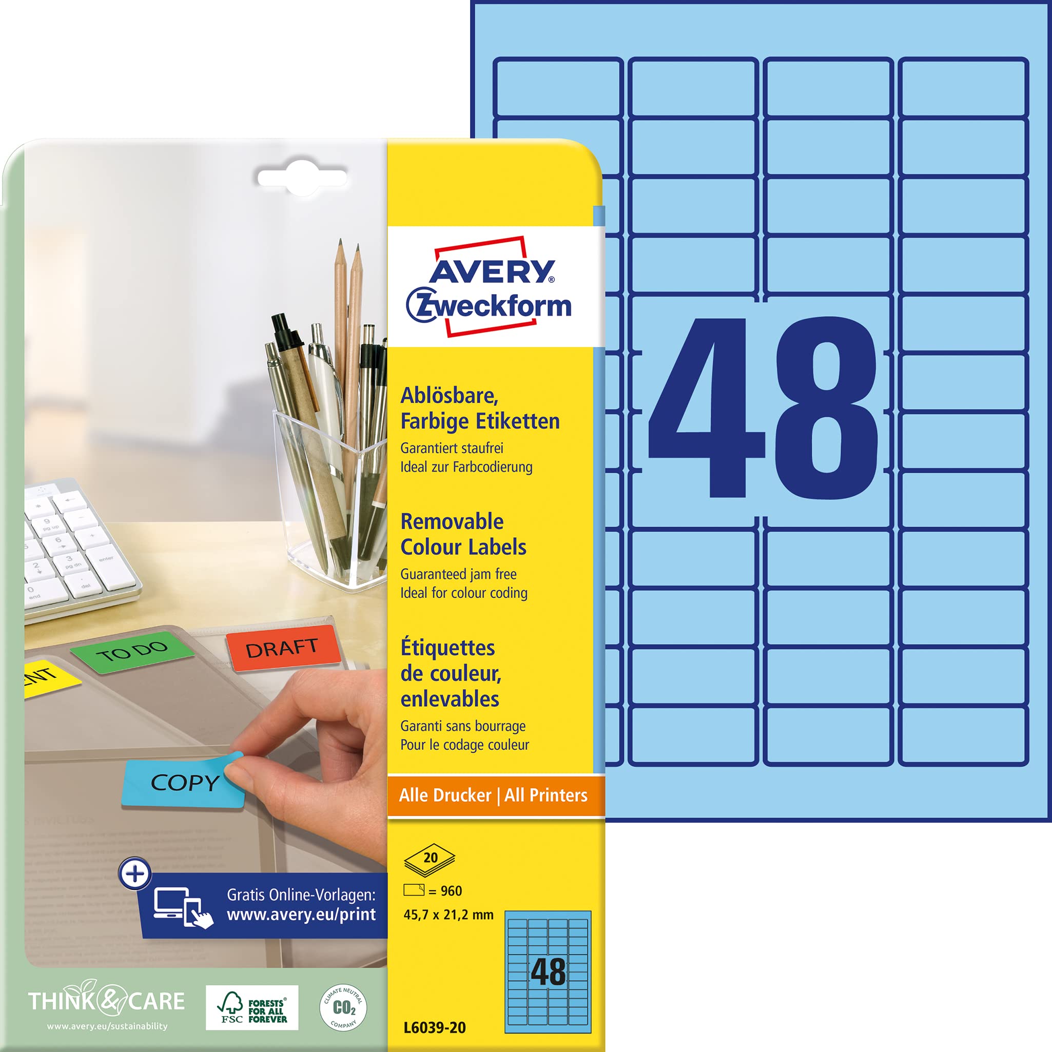 Avery L6039-20 Removable Mini Labels (45.7 x 21.2 mm Labels, 48 per A4 Sheet, 20 Sheets) for all printers - Blue — image 1