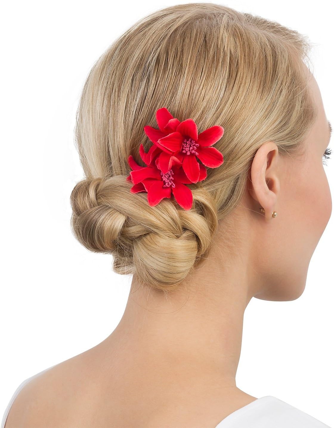 SIX - 2 pc. of Flower Hair Clips, Hair Slides, with Red Tropical Flowers, for Barrette Pin Updo Party Flamenco (488-126)