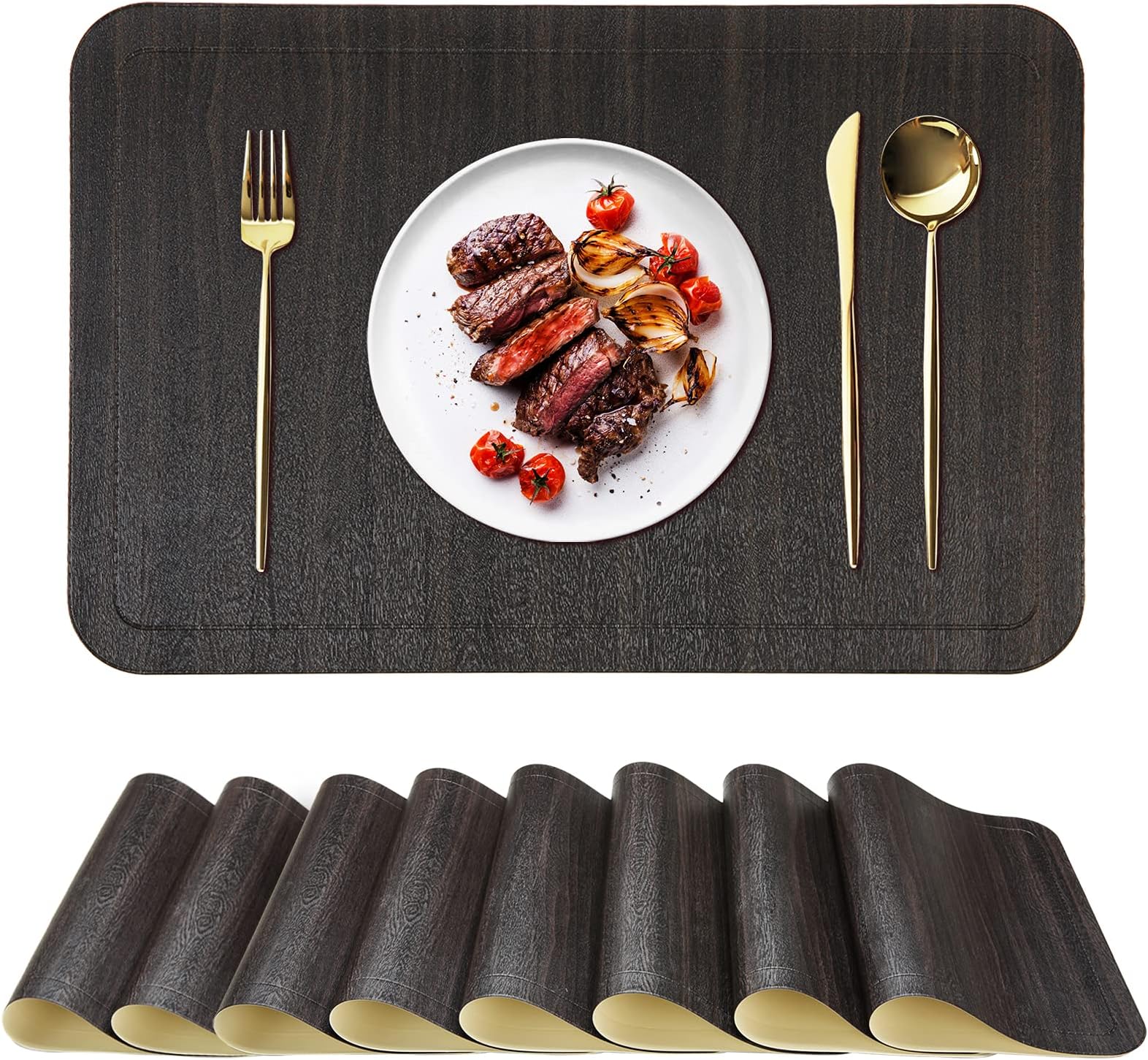 ALPIRIRAL Placemats Set of 8, Vinyl Washable Wipeable Black Place Mats, Heat Resistant Waterproof Faux Leather Table Mats, Non Slip Easy to Clean placemat for Dining Table, Outdoor Modern (Wood Black)