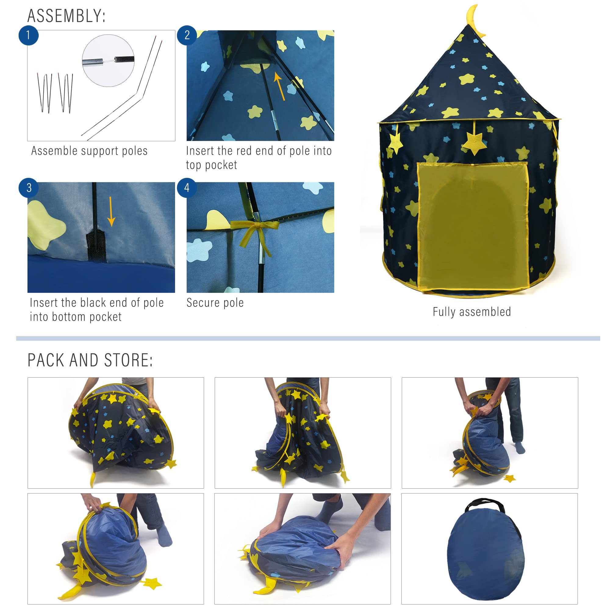 LotFancy Play Tent for Boys, with Star Lights and Storage Carrying Bag, Pop Up Play Tent House for Kids Toddlers, Indoor and Outdoor Use, Foldable, Portable, Blue