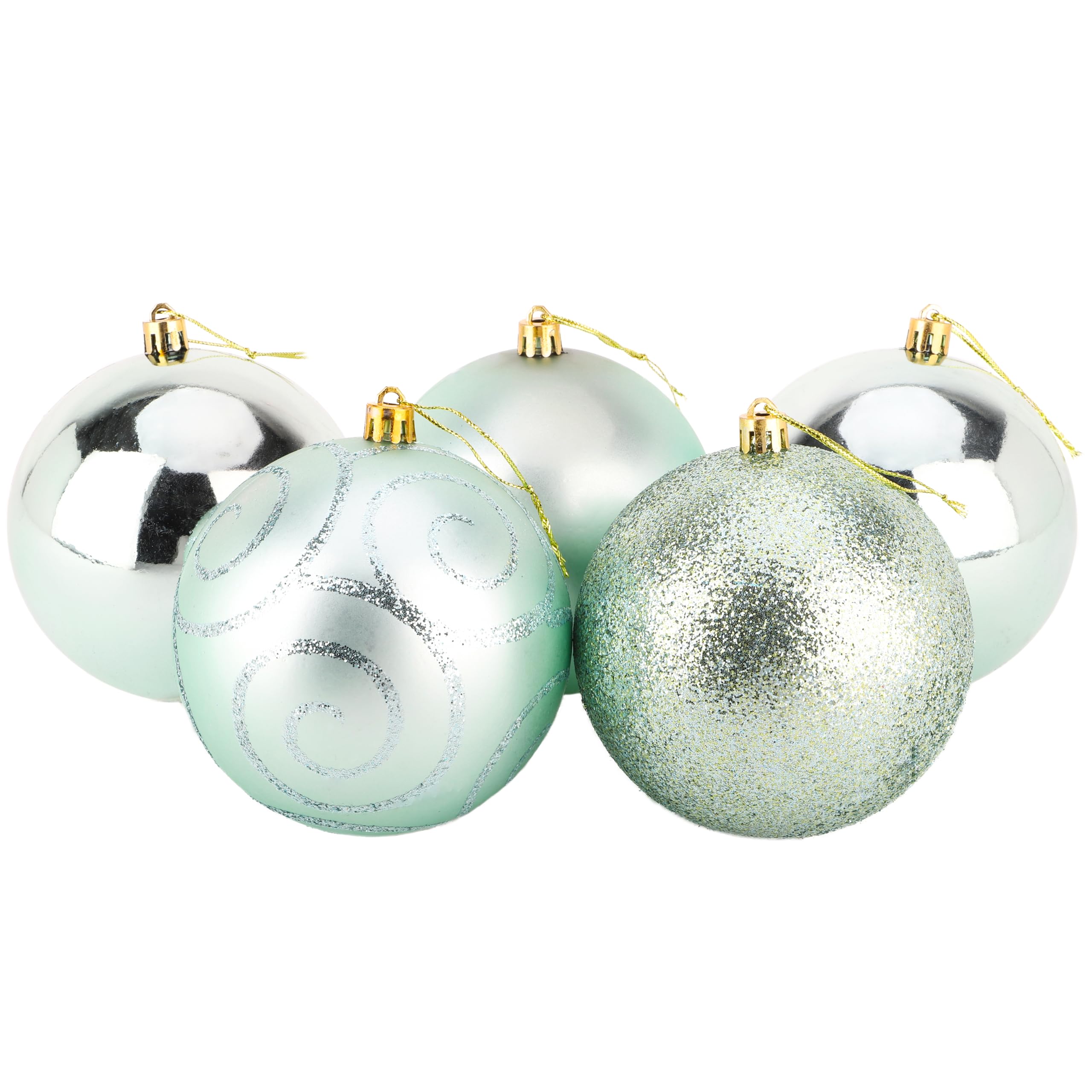 Christmas Concepts® Pack of 5-100mm (4") Large Baubles - Shiny, Matte & Glitter Design - Christmas Decorations (Mint Green)