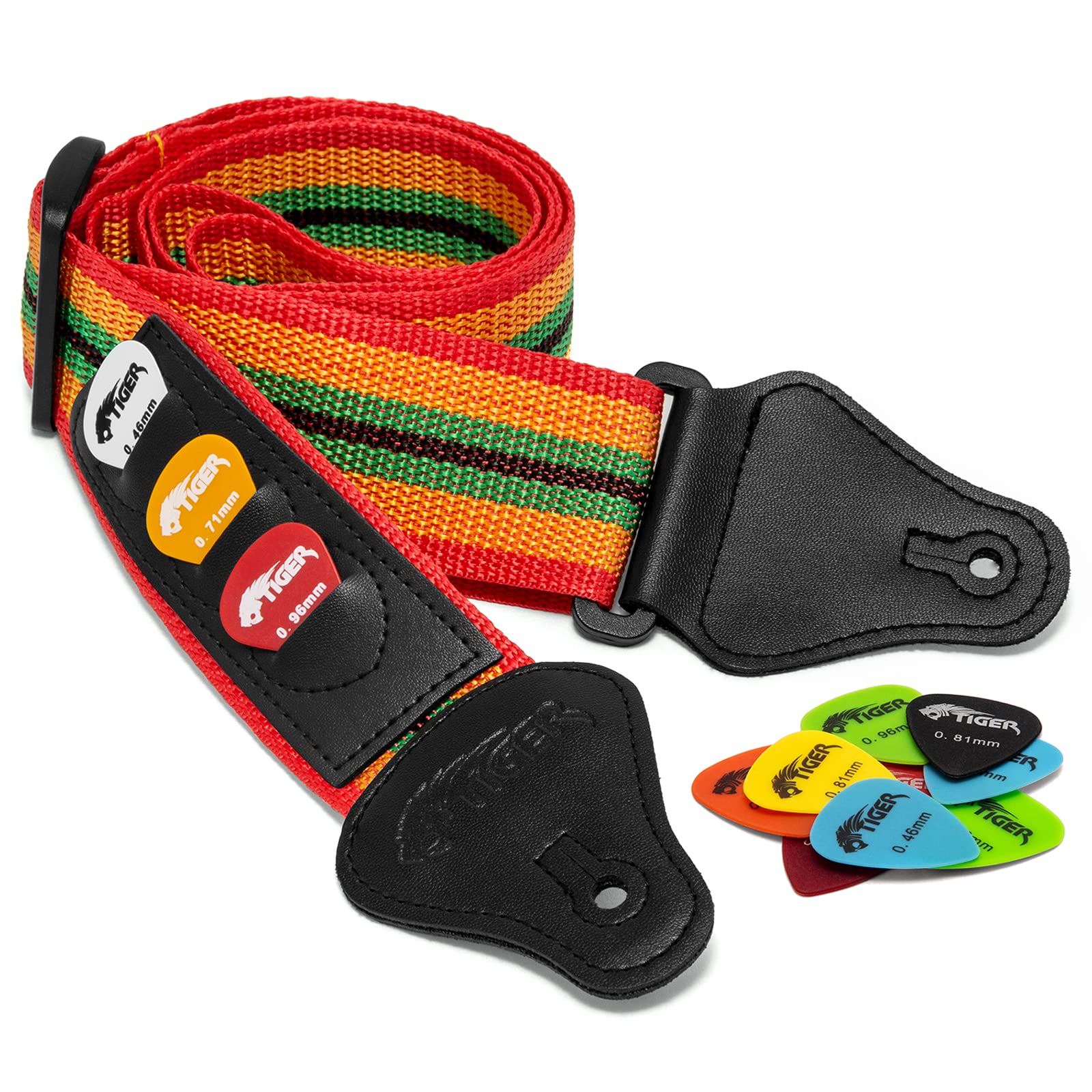 Tiger STPK2-RB Nylon Guitar Strap with 3 Pick holders - Pack of 12 Picks Included – Reggae Design