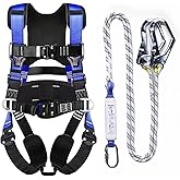 WHITEDEW Fall Protection Premium Safety Harness with Shock Absorbing Lanyard, Vented &amp; Padded Shoulder, Legs &amp; Back - Upgrade 4 Quick Buckles (Blue)