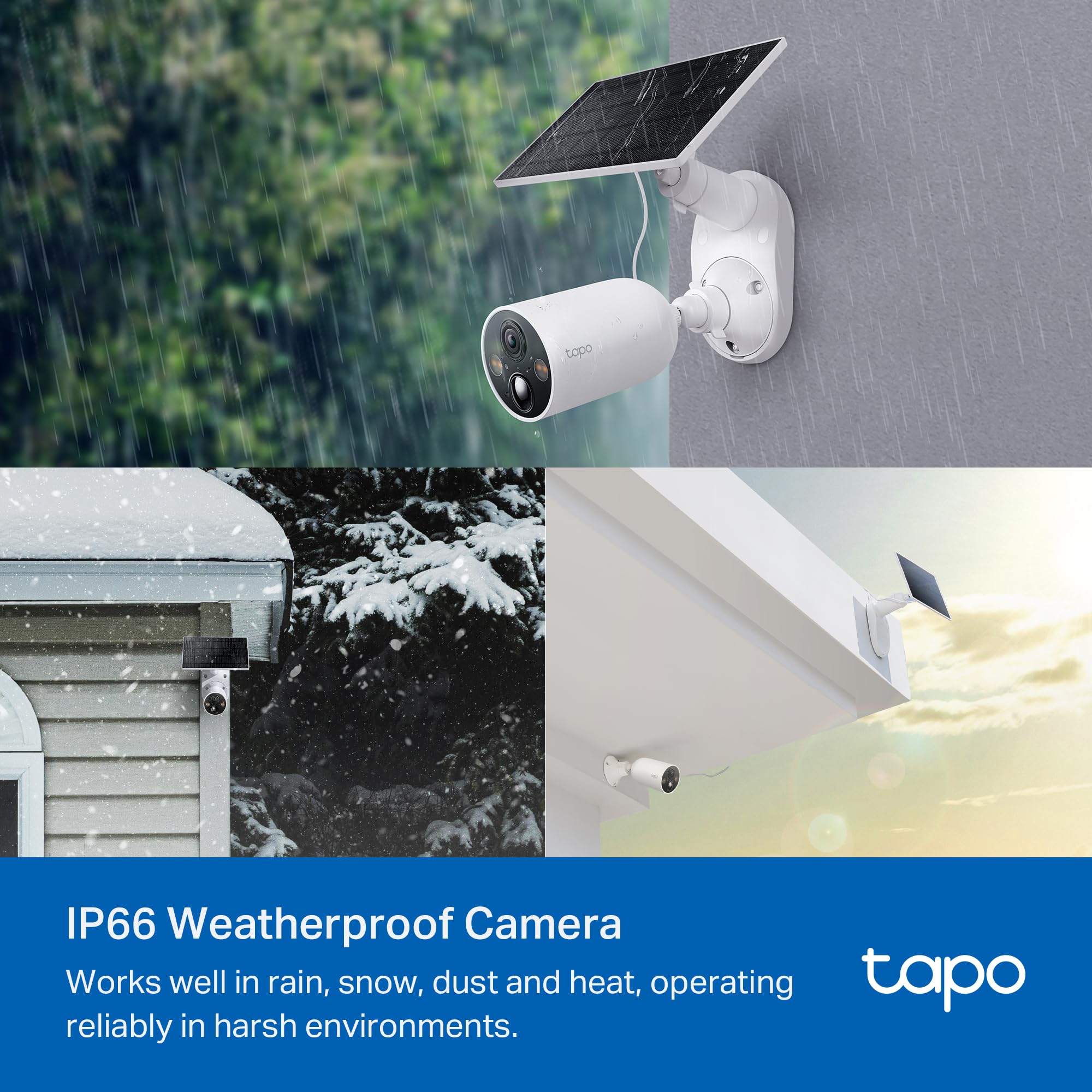 Tapo SolarCam 2K, Outdoor Battery Camera w/Solar Panel Base, Wireless Camera, 2K QHD, 150° Super-Wide FOV, Free Person/Vehicle/Pet Detection, SD/Cloud Storage, Starlight Color Night Vision