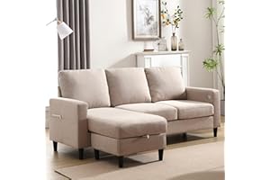 Siiejia Convertible Sectional Couches for Living Room, L-Shaped Couch 3 Seats Sofas with Storage Chaise & TPC Charging Port, Small Sofa for Apartment, Compact Spaces, Linen, Beige