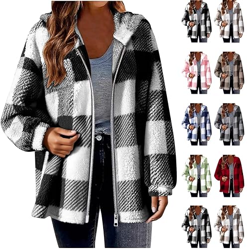 Hoodies for Women UK Long Sleeve Zip Up Jackets Fluffy Teddy Fleece Warm Coat Comfortable Checked Plaid Sweatshirts Soft Cozy Oversized Outwear