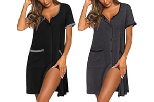 Ekouaer Nightgowns for Women 2 Pack Button Down Sleep Shirts Short Sleeve Nightshirt Sleepwear House Dress with Pockets