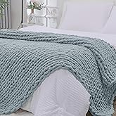 Bigacogo Chunky Knit Throw Blanket for Couch, 51x63 inches, 100% Hand Knitted with Thick Jumbo Chenille Yarn, Cozy Soft Large Rope Knot Cable Crochet Blankets for Sofa Bed Living Room, Dusty Blue