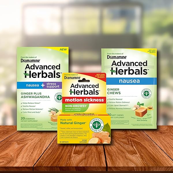 FROM THE MAKERS OF DRAMAMINE, ADVANCED HERBALS GINGER CHEWS FOR NAUSEA RELIEF, MORNING SICKNESS RELIEF & MOTION SICKNESS RELIEF DURING TRAVEL, LEMON-HONEY, 40 COUNT