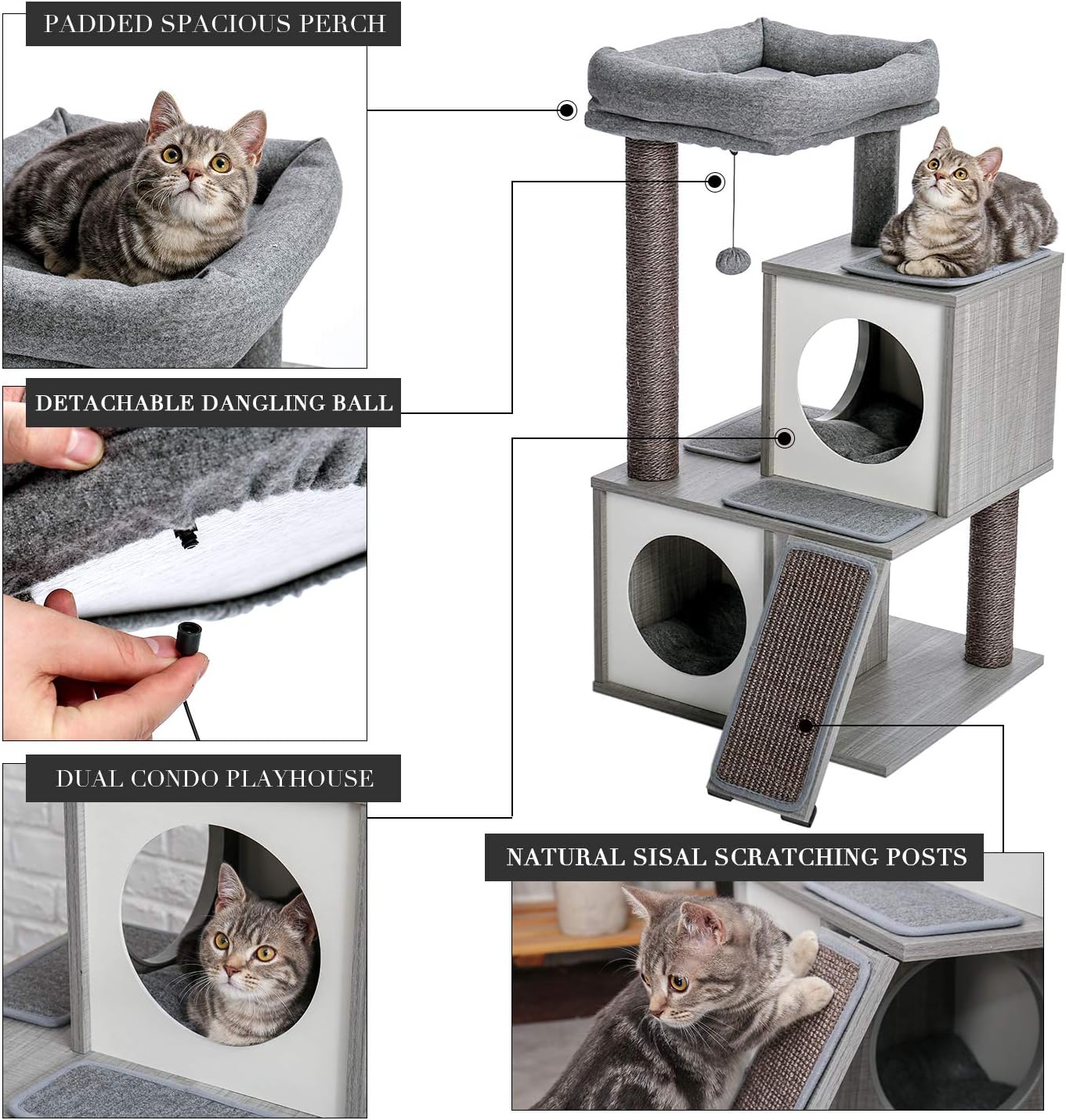 PAWZ Road Cat Tree Luxury Cat Tower with Double Condos, Spacious Perch, Fully Wrapped Scratching Sisal Posts and Replaceable Dangling Balls- Wooden Grey : Pet Supplies