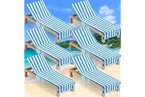 SmoothNovelty 6 Pcs Chaise Lounge Towel Cover with Pockets 30 x 85 in Lounge Chair Cushion Towels Large Striped Pool Chair Slip Covers for Summer Beach Outdoor Indoor Pool Patio(Blue)