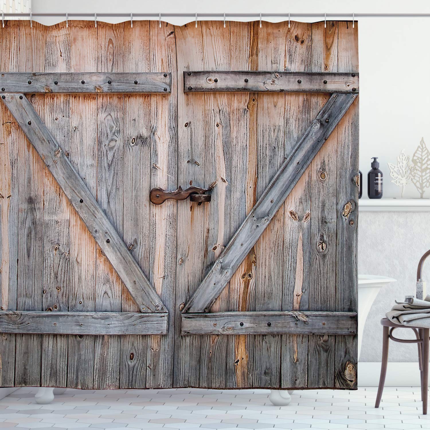 ABAKUHAUS Rustic Shower Curtain, Old Wooden Garage Door American Native Country Farm Style Artwork Image, Cloth Fabric Bathroom Decor Set with Hooks, 86 Inches Extra Long, Pale Brown and Grey
