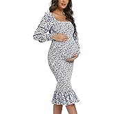 Spring Long Puff Sleeve Maternity Dress Floral Ruffle Hem Mermaid Baby Shower/Photoshoot Dress