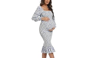 VMSLYII Spring Long Puff Sleeve Maternity Dress Floral Ruffle Hem Mermaid Baby Shower/Photoshoot Dress