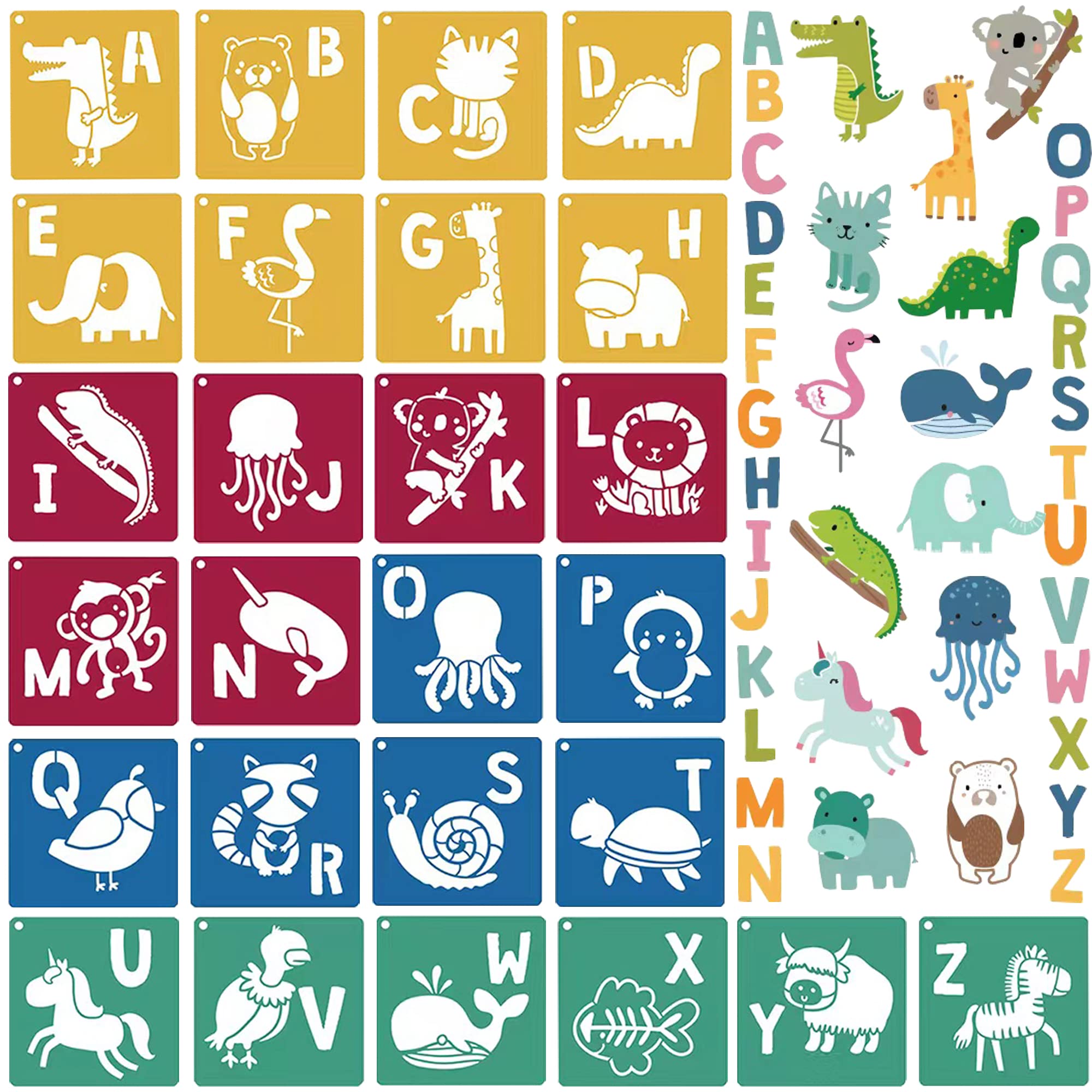 Stencils for Kids 26pcs Animal Drawing Stencils 8x8 Large Reusable Plastic Stencils with Letter A-Z for Boys Girls DIY Crafts