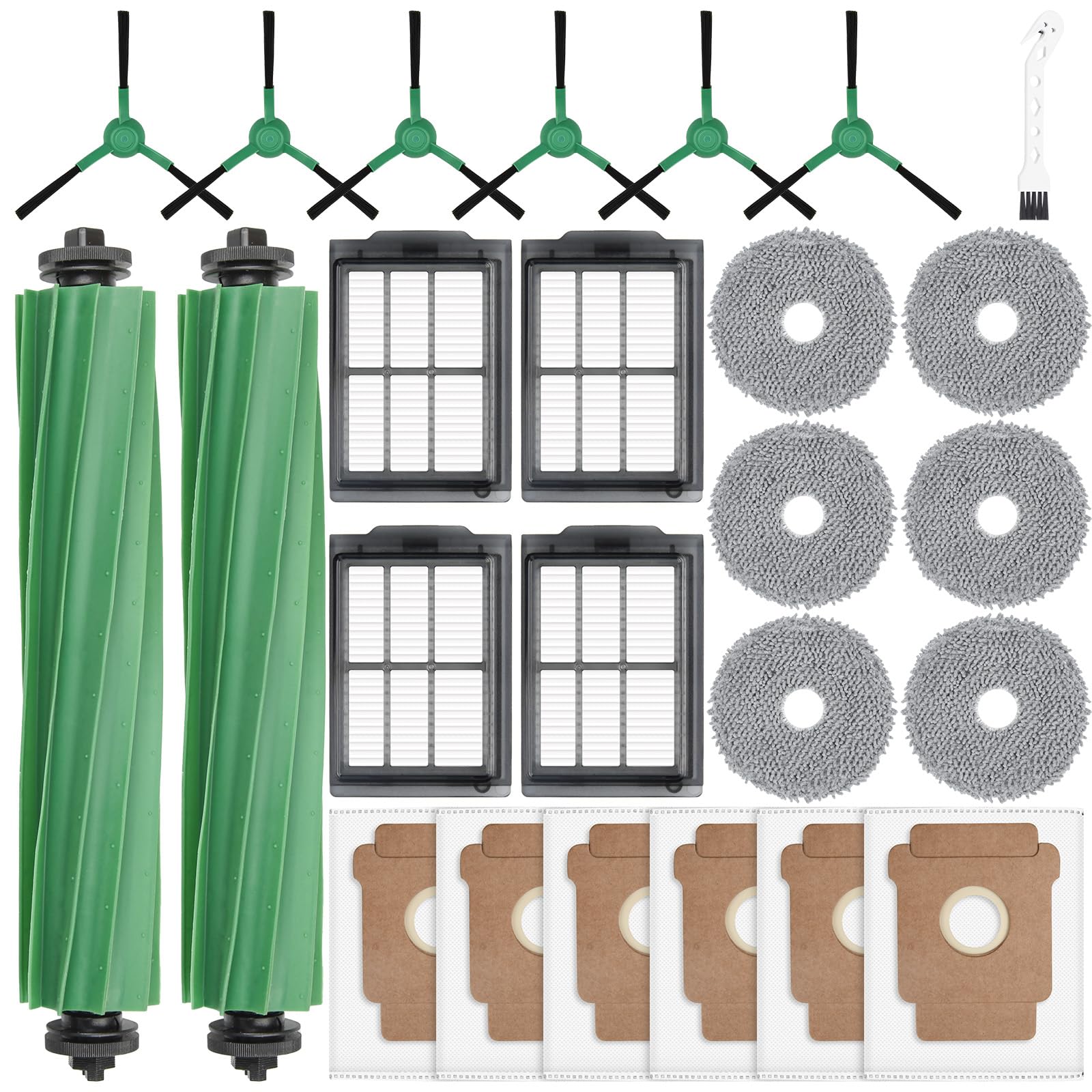 Photo 1 of 25 Pcs Accessories Kit for iRobot Roomba Plus 405 Combo/505 Combo Robot Vacuum Cleaner, Replacement Parts include 2 Main Brushes, 6 Dust Bags, 6 Mop Pads, 4 Filters, 6 Side Brushes and 1 Cleaning Tool