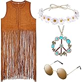 Zhanmai 4 Pieces 60s 70s Outfits for Women Disco Hippie Costume Cowgirl Fringe Vest Bohemia Headband for Halloween Cosplay