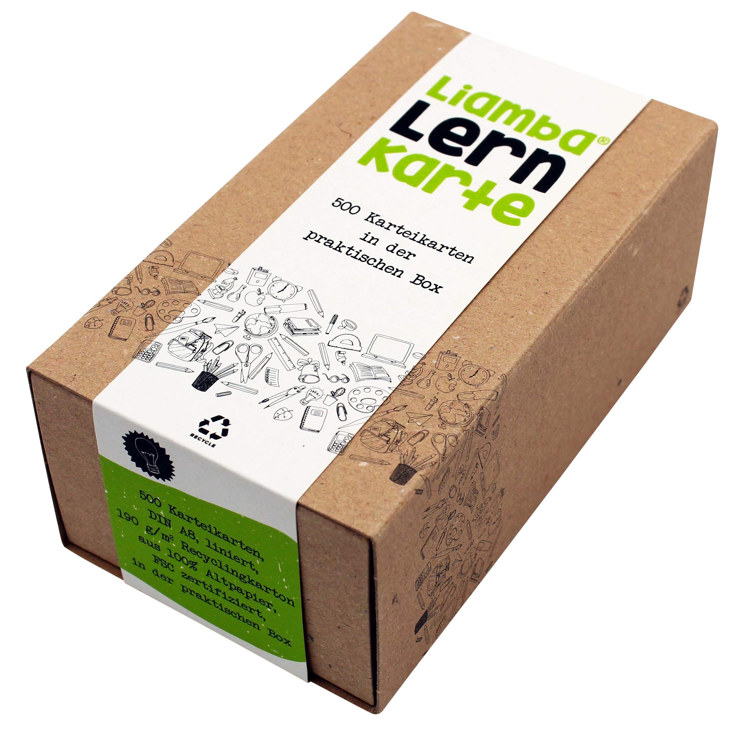 Lina Lernkarte, 500 index cards in the practical learning box DIN A8 format, 7.4 cm x 5.2 cm, 190 g/m², lined, FSC, index cards box with, recycled cardboard, made of waste paper in Germany