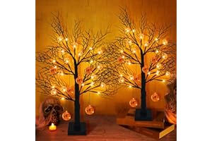 Agusbagli 2 Pack 24 In Halloween Black Trees Decor with Timer, 24LED Battery Operated Light Up Tabletop Tree with 12 Pumpkin Orange Lights & DIY 6 Pumpkins Artificial Spooky Tree Halloween Decorations