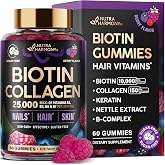 Biotin Gummies for Hair Growth Support - for Women &amp; Men - Berry, 60 Gummy | Biotin 10000mcg, Collagen, Keratin, Hyaluronic Acid, B-Complex, Saw Palmetto - Hair, Skin &amp; Nail Strengt Support - Sugar-Free