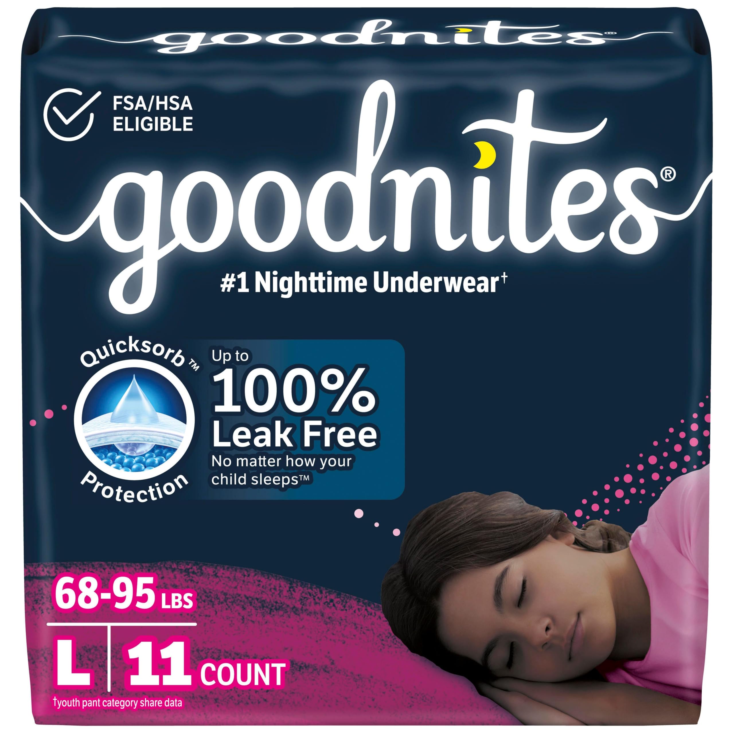 Photo 1 of Goodnites Girls' Nighttime Bedwetting Underwear, Size Large (68-95 lbs), 11 Ct, Packaging May Vary