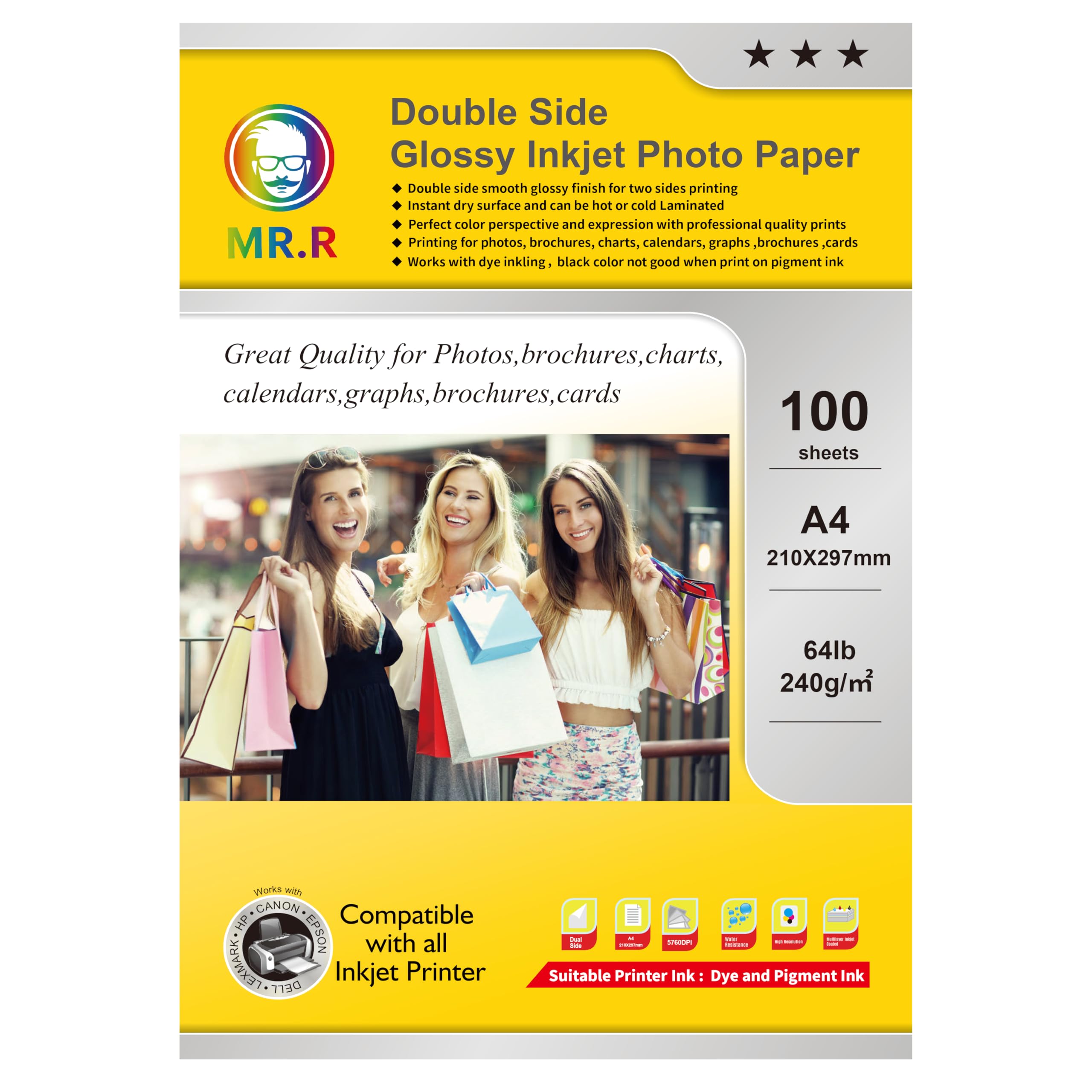 MR.R Double Side High Glossy Inkjet Photo Paper A4 210 x 297mm 240 GSM 100 Sheets for Inkjet Printers