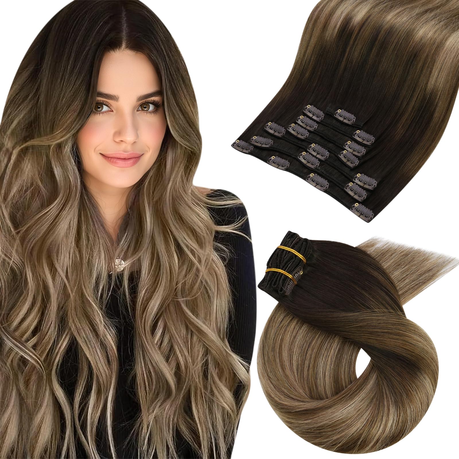 Moresoo Clip in Hair Extensions 20 Inch Remy Human Hair Brown Balayage Honey Blonde Real Hair Extensions Clip in Full Head for Women 120g/7pcs #4/10/16
