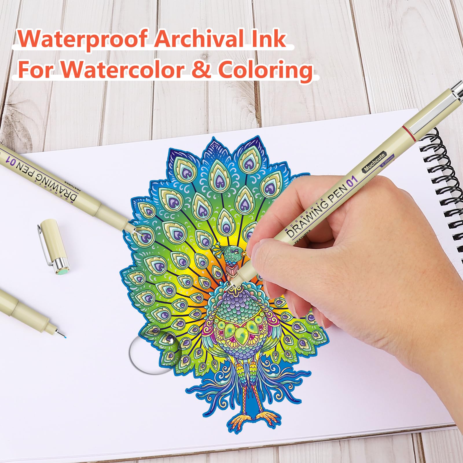 Muchcute Micro Fineliner Drawing Art Pens: 20 Set (12 Colors & 8 Black) Extra Fine Line Waterproof Ink Artist Supplies Archival Inking Ultra Thin Markers Sketch Sketching Watercolor Zentangle Stuff